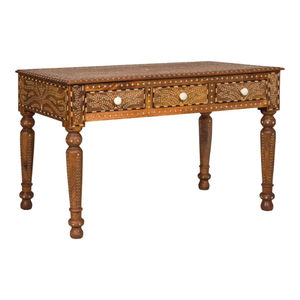 Console d'entrée faite à la main avec 3 tiroirs, design classique, incrustation d'os, bois de teck recyclé, finition naturelle pour la chambre à coucher, décorative - Product Image 3