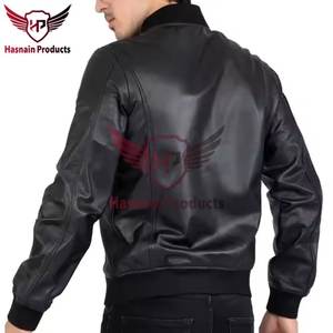 Chaqueta de bombardero negra personalizada OEM para hombre, piel de cordero auténtica de primera calidad, estilo universitario informal, ajuste regular para el invierno - Product Image 2
