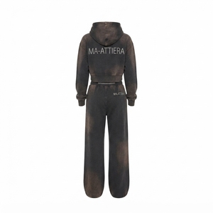 Custom <b>Women</b> Acid Wash Dark Brown Cropped Hoodie Wide Leg <b>Jogger</b> Set Cotton <b>Fleece</b> Streetwear Tracksuit OEM Wholesale - Product Image 3