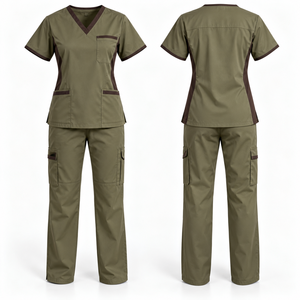 Conjunto de uniforme médico personalizado para mujer, verde oliva, blusa con cuello en V, pantalones cargo, uniformes de hospital, tela tejida de algodón y poliéster, detección de agujas - Product Image 1