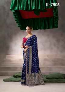 ผ้าไหมเครปเนื้อนุ่ม น้ำหนักเบา คอลเลคชั่นผ้าส่าหรีดีไซเนอร์ แคตตาล็อกครบถ้วน ราคาขายส่ง ผ้าส่าหรีสำหรับงานแต่งงาน ป้องกันแสงแดด - Product Image 4