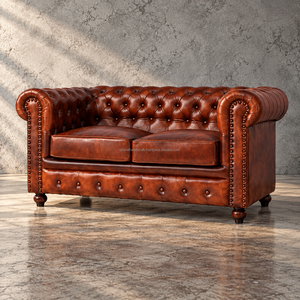 Canapé Chesterfield 2 places en cuir véritable marron, capitonné, avec accoudoirs roulés, mobilier traditionnel pour salon, style européen et américain - Product Image 3