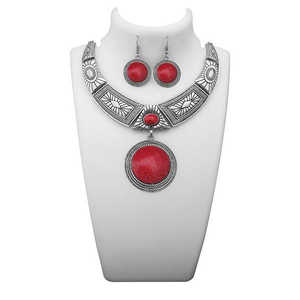 Urthn <b>Statement</b> <b>Necklace</b> 1110062C Rhodium Plated Maroon Turquoise Stone Fashion Jewelry Set - Product Image 1