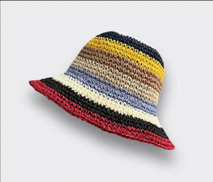 Sombrero de paja de rafia hecho a mano personaje Natural ajustable multicolor patrón tejido viaje playa Casual al aire libre sombrero para el sol adultos - Product Image 3