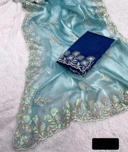 Las mujeres de nueva moda usan tela Jimmi Cho con bordado de secuencia trabajo sari y satén Banglory seda con blusa de trabajo de secuencia - Product Image 1