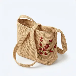 Sac à bandoulière en raphia pour femme au motif géométrique, fait main, style bohème, deux sangles, ouverture supérieure, pour l'été et usage quotidien - Product Image 6