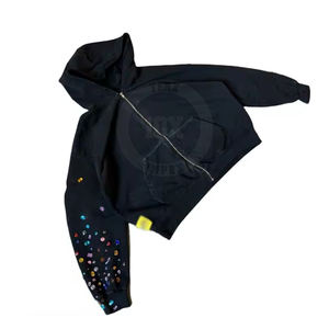 Mode à la mode tenue hommes strass à capuche Logo personnalisé imprimé couleur unie nouveau look coton mélangé strass sweats à capuche - Product Image 3