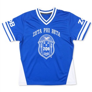 Maillot de football bleu royal Zeta Phi Beta 100% polyester brodé équipe bouclier fidèle à la taille col en V Double ourlet rayé - Product Image 1