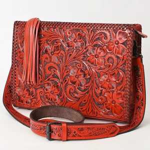 <b>Red</b> Colored Tooled Western Floral Carving Crossbody <b>Purse</b> Cowhide Bag Bohemian Women's Bag Hand-Tooling <b>Purse</b> - Product Image 1