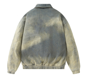 Chaqueta bomber vaquera personalizada lavada con ácido Vintage para hombre, ropa de calle bordada de retazos con cremallera para tela de lona acabada de primavera - Product Image 2