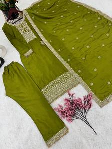 Designer Collection Chinon Soie Broderie en profondeur Dori-Sequence Work Set-New Top-Bottom Dupatta Indian Pakistani Clothing Line - Product Image 4