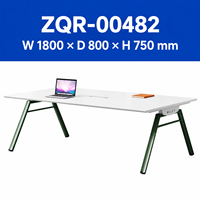 Table de conférence rectangulaire moderne blanche avec structure en acier vert et plateau central en bois pour les espaces de formation au bureau