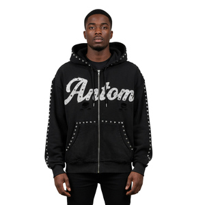 Fabricant de vêtements Boxy Baggy recadrée broderie noir acide lavage soleil délavé sweat à capuche strass vestes zippées pour hommes - Product Image 5