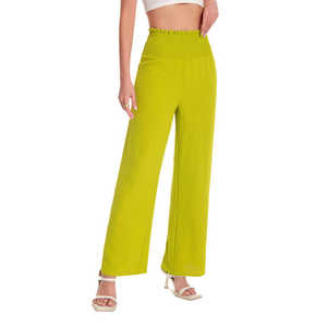 Pantalon large taille haute en maille froissée, style décontracté, léger, pour la détente, devant plat, taille smockée, tissu respirant - Product Image 1