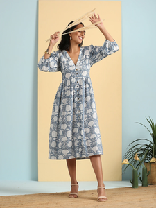 Women's Deep V-Neck Block Print Cotton Floral Dress Formal Party & <b>Beach</b> Wedding Midi Dress <b>Gift</b> For Her - Product Image 4