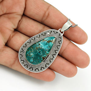 อัญมณีเทอร์ควอยซ์ธรรมชาติ 925 เงินสเตอร์ลิงรูปลูกแพร์ศิลปินดูจี้เครื่องประดับทําด้วยมือราคาขายส่งจํานวนมากซัพพลายเออร์ - Product Image 3