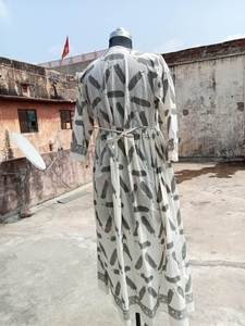 Hand-Printed White Indian Cotton Long Maxi Gown Stunning Breezy <b>Beach</b> Party Wear with Natural Waistline - Product Image 4