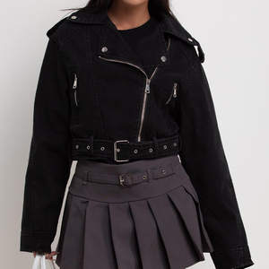 Vente chaude Premium Qualité Noir Fermeture Éclair Denim Veste À Manches Longues Et Ceinture Réglable Veste Femme Toutes Saisons Confort - Product Image 1