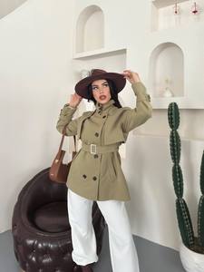 <b>Women</b> Olive Green Safari Jacket With <b>Belt</b> Full Sleeve Stand Collar Double Breasted Windproof Autumn Wear - Product Image 1