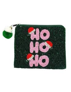 Christmas Seed Beads Embroidery HO HO HO Coin <b>Pouch</b> Holiday Beaded Santa cap Glass Beads <b>Mini</b> Zipper Purse From India Handmade - Product Image 1