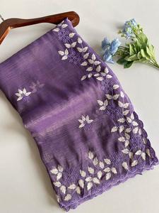 NOUVEAU Saree en georgette scintillante avec un beau design de feuille de fil blanc - Product Image 5