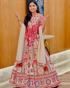 Lehenga Choli de Algodón Muselina Pesado con Estampado Digital y Bordado de Espejos, Estilo Indio-Pakistaní, Reversible, Casual, Largo Regular, Talla 42 - Product Image 1