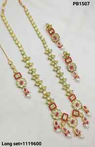 Flower Stylish Indian Fancy Traditional Kundan <b>Gold</b> Tone Kundan Pearl Long Necklace Earring Set With Mangtikka Women and Girl - Product Image 2