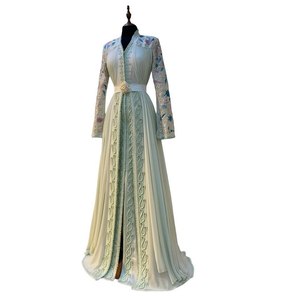 Elegant Moroccan Satin Beaded Crocheted Floral Print Anti-Wrinkle Breathable Party Natural Floor-Length Caftan Dress <b>White</b> - Product Image 1