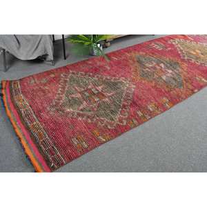 Alfombra Bohemia turca vintage de 3,5x10,6 pies, lana roja y marrón con patrones rectangulares de pasillo de retazos abstractos para entrada - Product Image 1