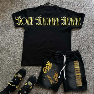 Ensemble t-shirt et short de survêtement avec broderie sérigraphiée Lavage à l'acide personnalisé Shorts en coton lourd délavé au soleil Hommes Vintage O-Neck - Product Image 2