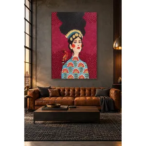 Stampa su tela di Fida con donna coronata e uccello cappello di paglia su sfondo bordeaux - Product Image 4
