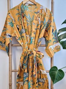 Pur coton indien bloc imprimé été Kimono confortable Robe de maternité décontracté plage couverture Rose pêche étage longueur Floral - Product Image 2