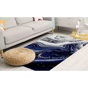 Navy Blue And Silver Marble Printed <b>Rug</b>, Non Slip, Modern Home Decor,<b>Chenille</b> <b>Rug</b> - Product Image 3
