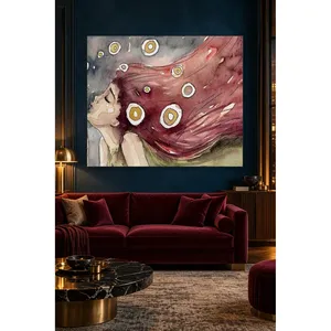 Fida Girl avec des cheveux bordeaux dansant au vent, impression sur toile aquarelle - Product Image 1