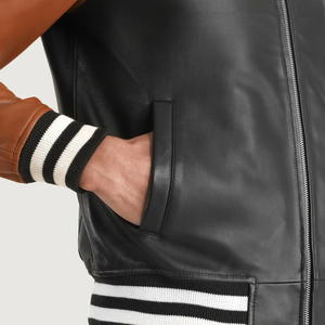 OEM personalizado negro y marrón cuero Varsity chaqueta mangas Chenille bordado Logo tela Varsity - Product Image 6