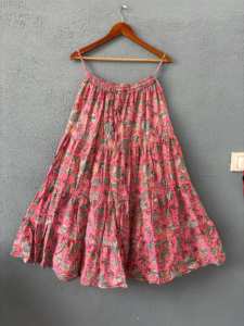 Adjustable Natural Block Print Cotton <b>Maxi</b> <b>Skirt</b> Elegant Bohemian Long Boho Dress <b>Pleat</b> Women's Tiered Mini <b>Skirt</b> Drawstring - Product Image 6