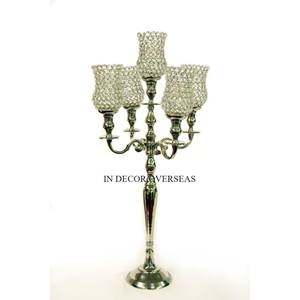 Candélabre de décoration de table de mariage à 5 bras en plaqué or de haute qualité et perlé en métal de qualité luxueuse et en cristal clair - Product Image 6