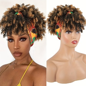 Perruques Courtes à Nœud Coulissant Imprimé Léopard, Crépues Afro Frisées Synthétiques, avec Petit Bonnet, Bandeau Écharpe - Product Image 2