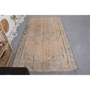 Alfombra de lana turca Vintage Beige y azul, diseño de retales de tejido plano de 4,4x8,1 pies para decoraciones de sala de estar con respaldo de látex - Product Image 1