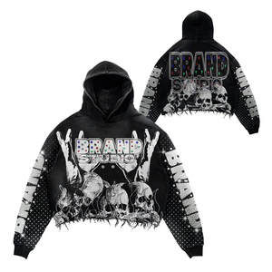 Sudadera con capucha corta personalizada con lavado ácido, gráfico de calavera en la manga con pedrería, para hombre, estilo casual urbano, con logotipo personalizado, para invierno, con capucha tipo máscara - Product Image 1