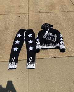 Ropa de calle personalizada, parche bordado desgastado, chándal digital con capucha y pantalones de chándal, conjunto de lavado ácido, sol, sudadera para hombre - Product Image 2