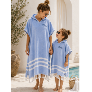 Ponchos à capuche assortis mère et enfant en peshtemal, 100% coton, serviette turque, robe de plage, fabricant direct à Denizli, Turquie, OEM - Product Image 5