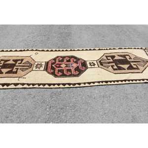 3x10.6 ft Turkish Rug, Vintage Runner Rug, <b>Brown</b> White Plants & trees <b>Wool</b> Rug - Product Image 3