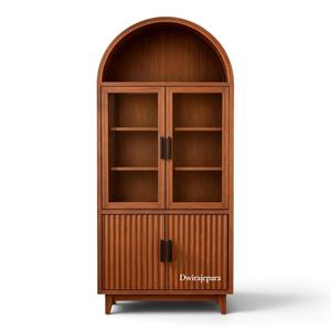 Modern Arched Solid Teak Wood Display Cabinet Glass Door Bookshelf Fluted Storage <b>Sideboard</b> - Product Image 1