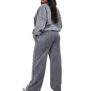 Ensemble de survêtement gris grande taille pour femme, coupe décontractée, sweat-shirt et pantalon à fermeture éclair intégrale, couleur unie, respirant, 100% coton - Product Image 6