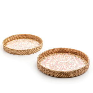 Panier en rotin 2 pièces plateau tissé en rotin coquillage naturel épissage plateau à poignée plaqué créatif Snack fruits et thé Snack accessoires - Product Image 5