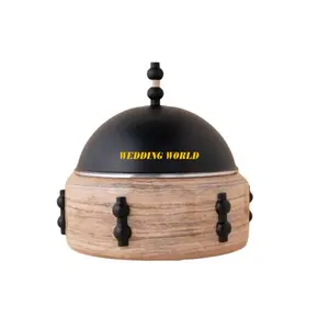 Hotpot di metallo di lusso con cupola esterna in legno forma rotonda fatta a mano in casseruola di ultimo arrivo fantasia in metallo calda per alimenti con coperchio nero