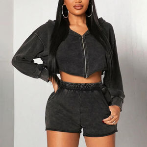 ชุดวอร์มสองชิ้นสำหรับผู้หญิงชุดวอร์มผ้าฝ้ายฝรั่งเศสเทอร์รี่เสื้อครอปมีซิปปักลายสตรีทเสื้อเอวลอยกางเกงขาสั้น - Product Image 1