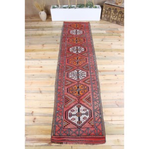 Tapis turc, tapis vintage 2,6x11,4 pieds, tapis en laine géométrique rose orange - Product Image 1