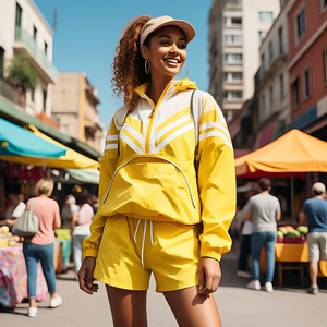 Conjuntos de pantalones cortos cortavientos Multipanel OEM para mujer, conjunto de dos piezas cortavientos con capucha y cremallera para lluvia, traje impermeable de nailon 100% para mujer - Product Image 5